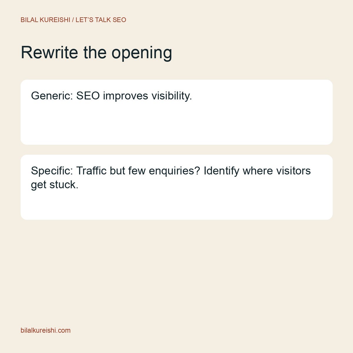 Comparison graphic showing that informational visitors need an answer while buyers need a clear offer and reassurance.