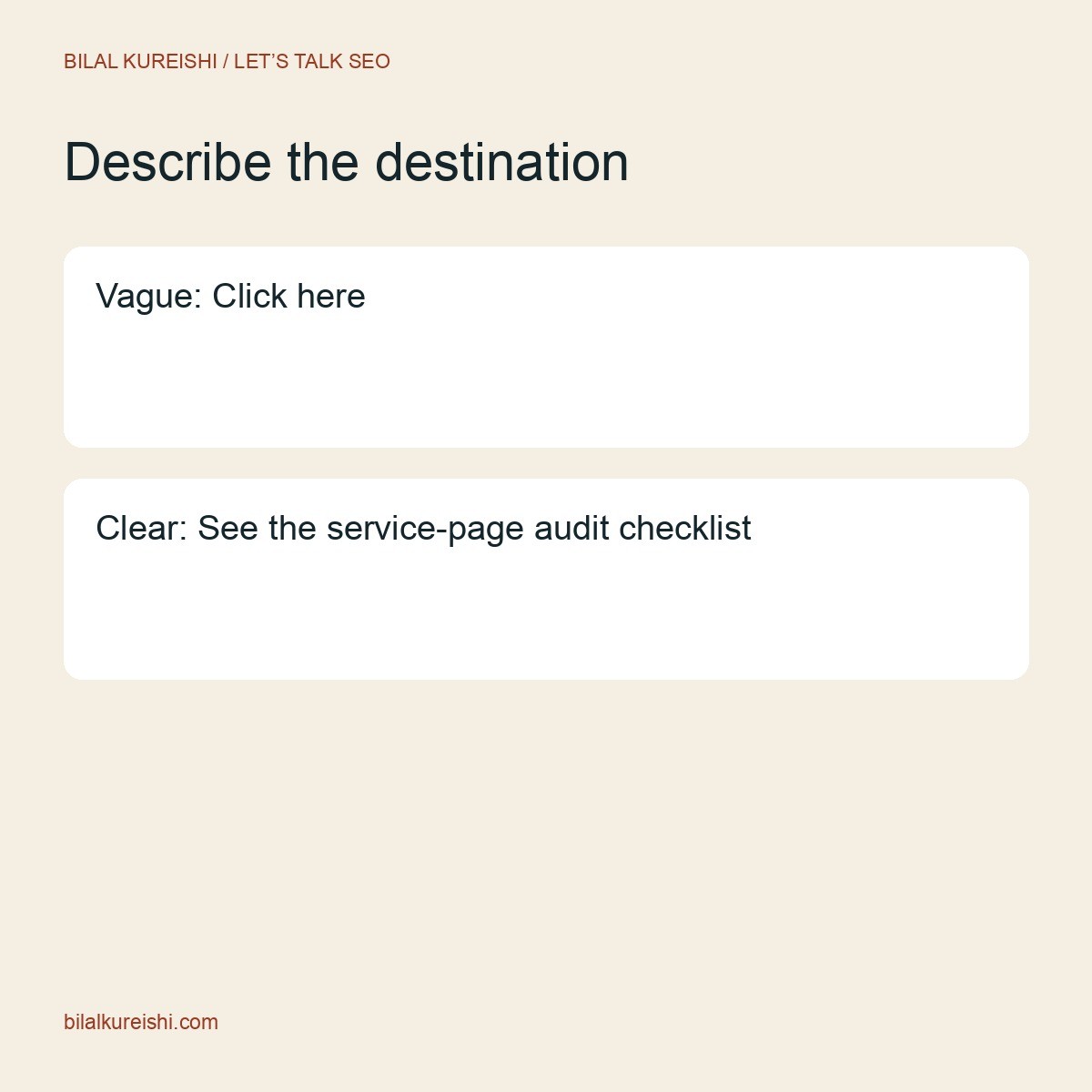 Anchor-text comparison showing a vague click-here link beside a descriptive link that names the destination.