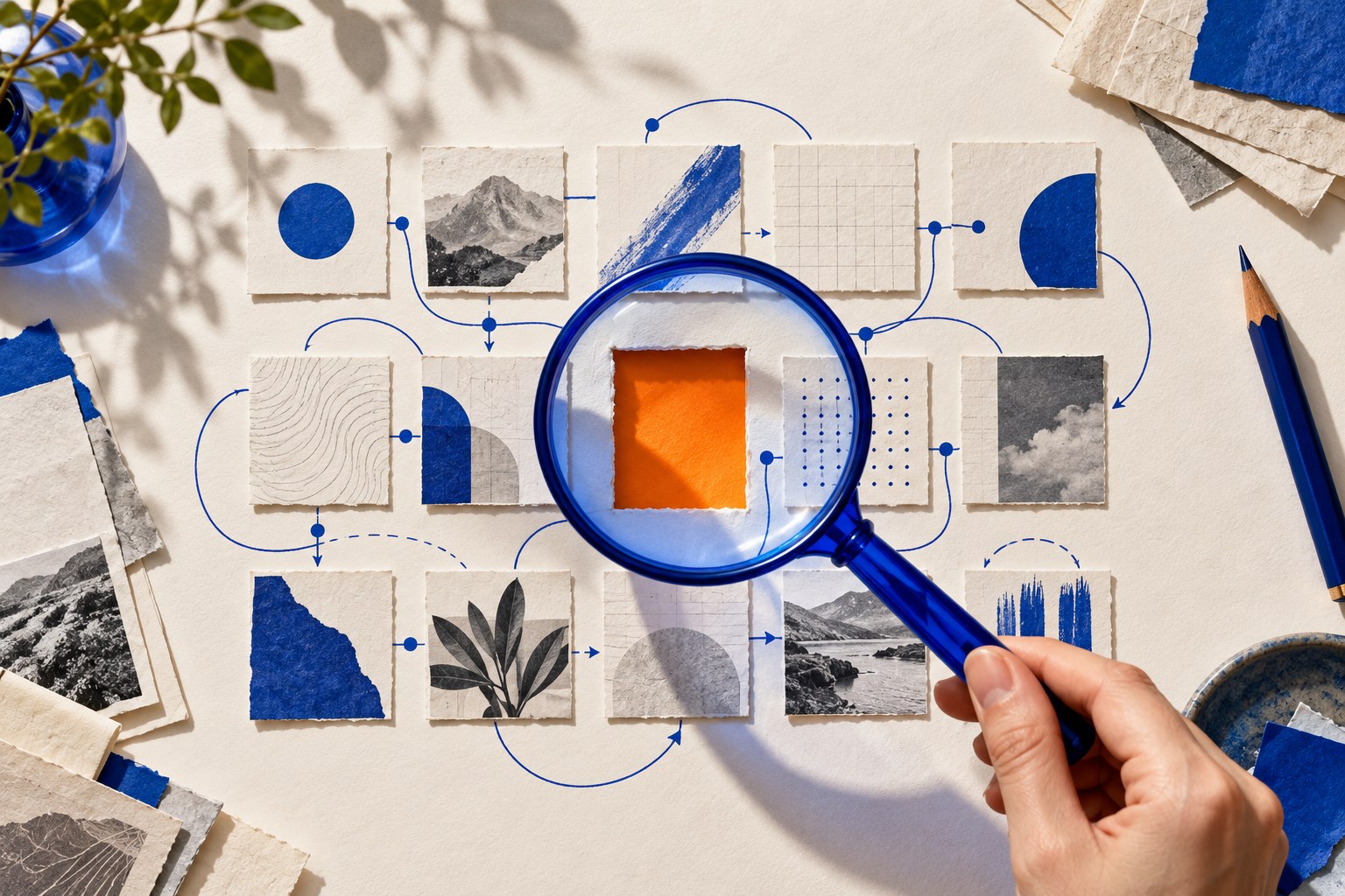 Editorial illustration of a blue magnifying glass revealing a missing orange card among connected research notes, representing a content gap.
