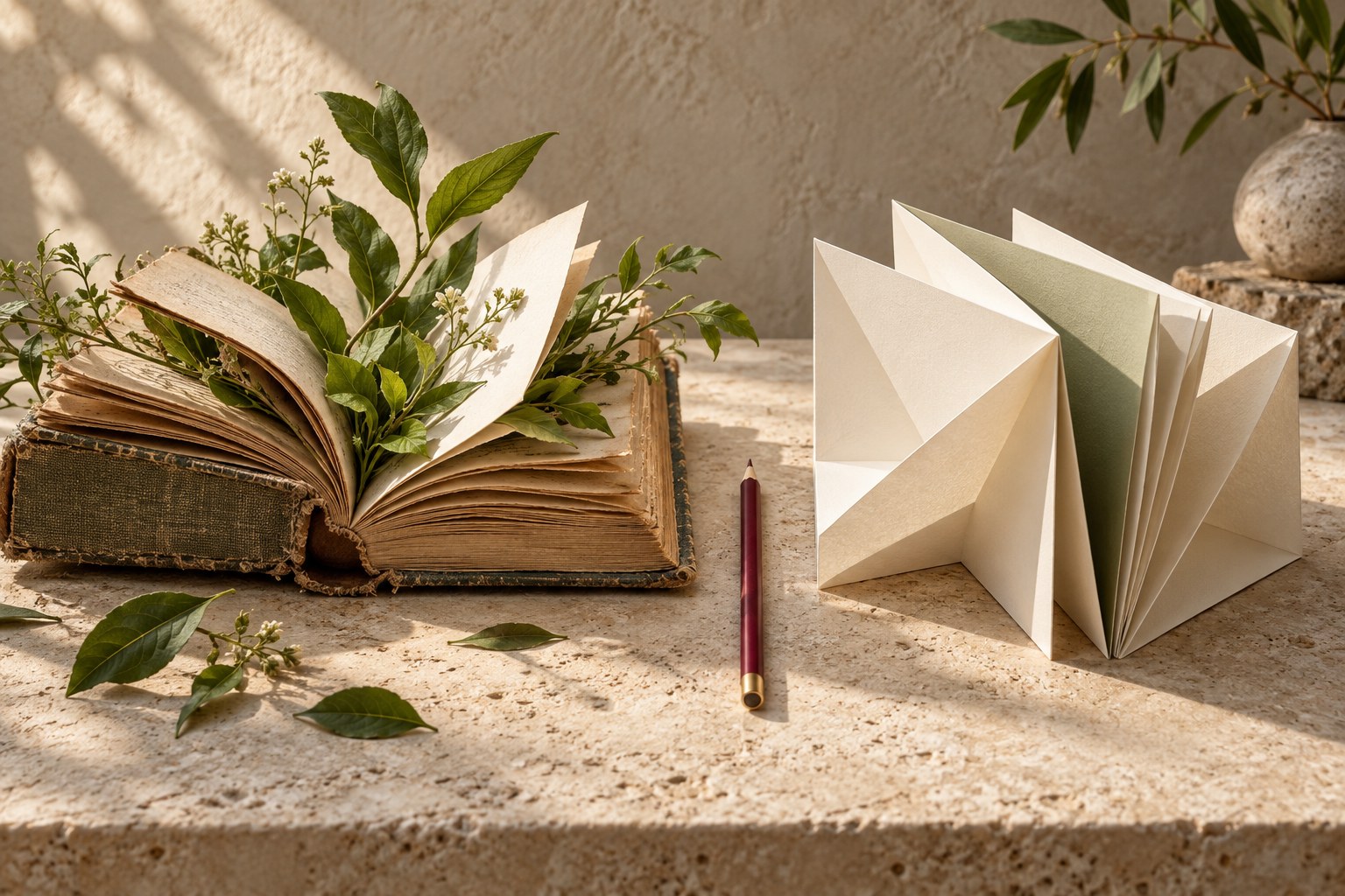 Editorial still life of an old book growing fresh leaves beside a newly folded paper book, illustrating updating content versus creating a new article.
