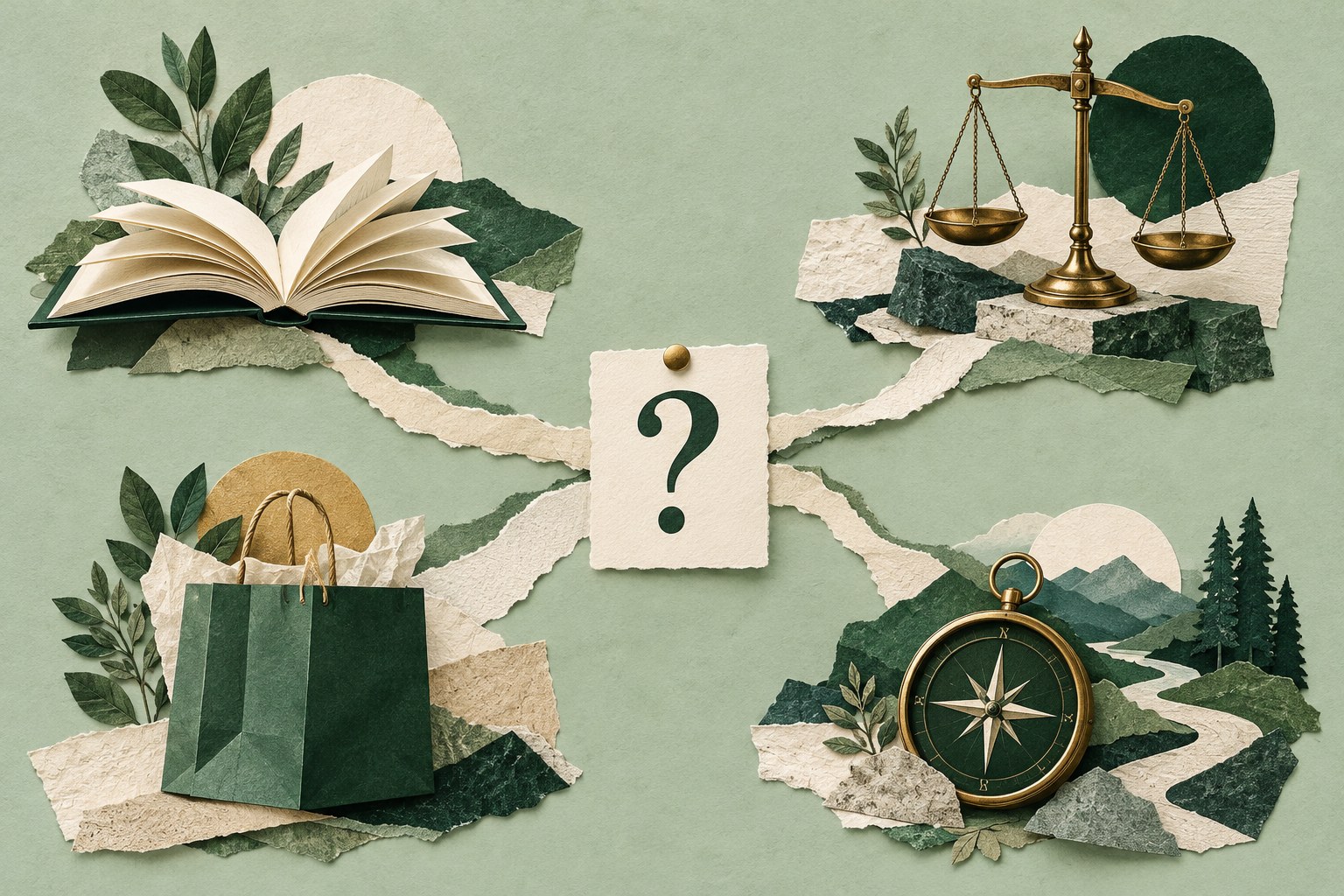 Question card connected to a book, scales, shopping bag and compass, representing different search tasks.