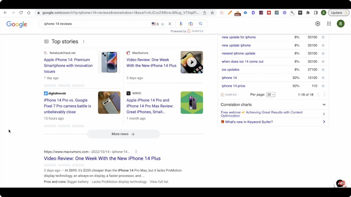 Historical Google results for iPhone 14 reviews showing review articles and news results.