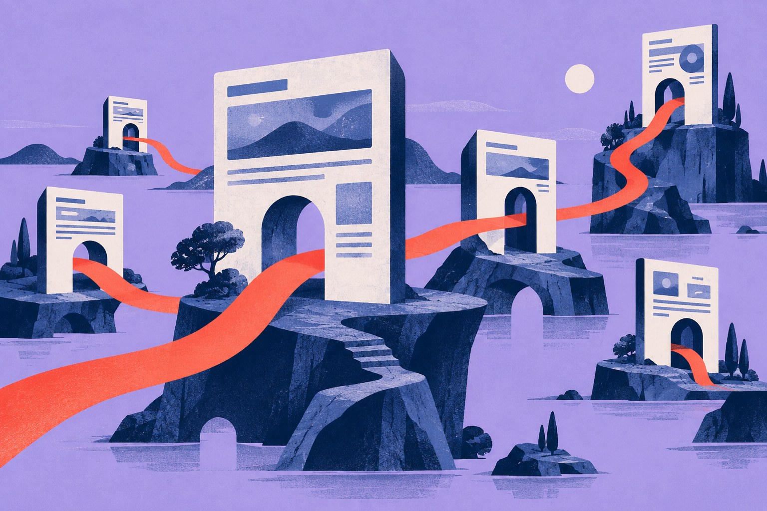 Editorial illustration of a coral ribbon connecting page-shaped islands, representing contextual internal links between related resources.