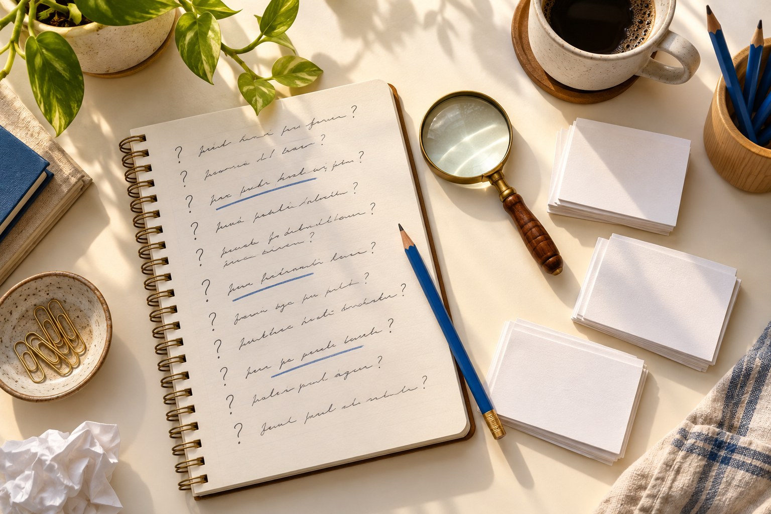 Research notebook, magnifying glass and index cards on a sunlit desk, illustrating keyword discovery.