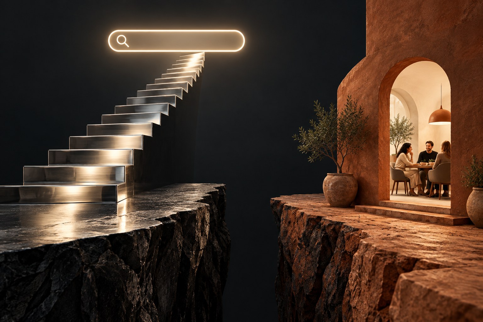 Editorial illustration of search rankings as a staircase separated from a doorway to a customer meeting, showing the gap between visibility and leads.