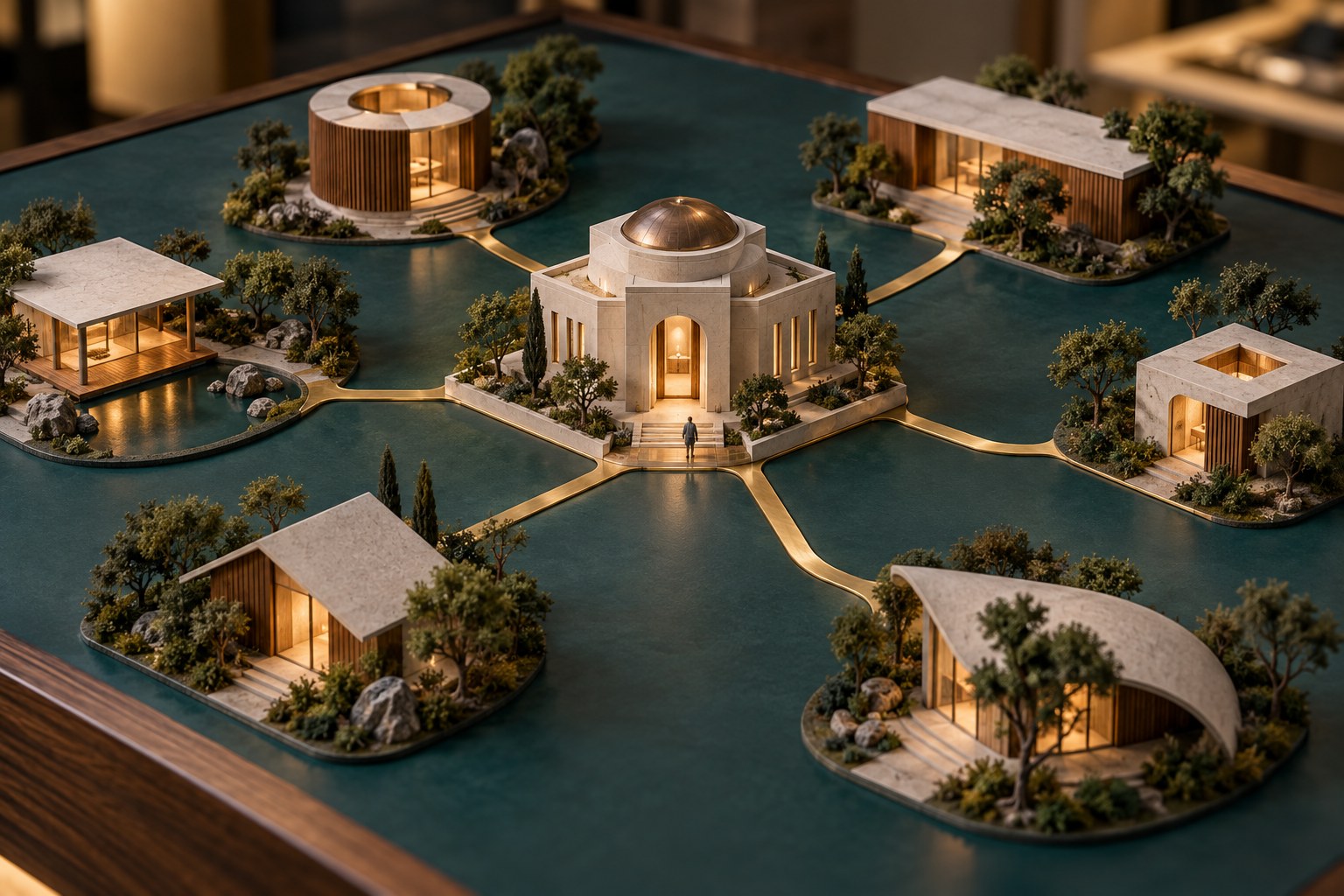 Architectural model with a central building and smaller pavilions connected by clear brass pathways, illustrating website hierarchy and discovery routes.